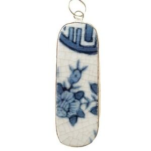 Vintage Blue & White Porcelain Shard Pendant Upcycled Floral Chinoiserie Jewelry